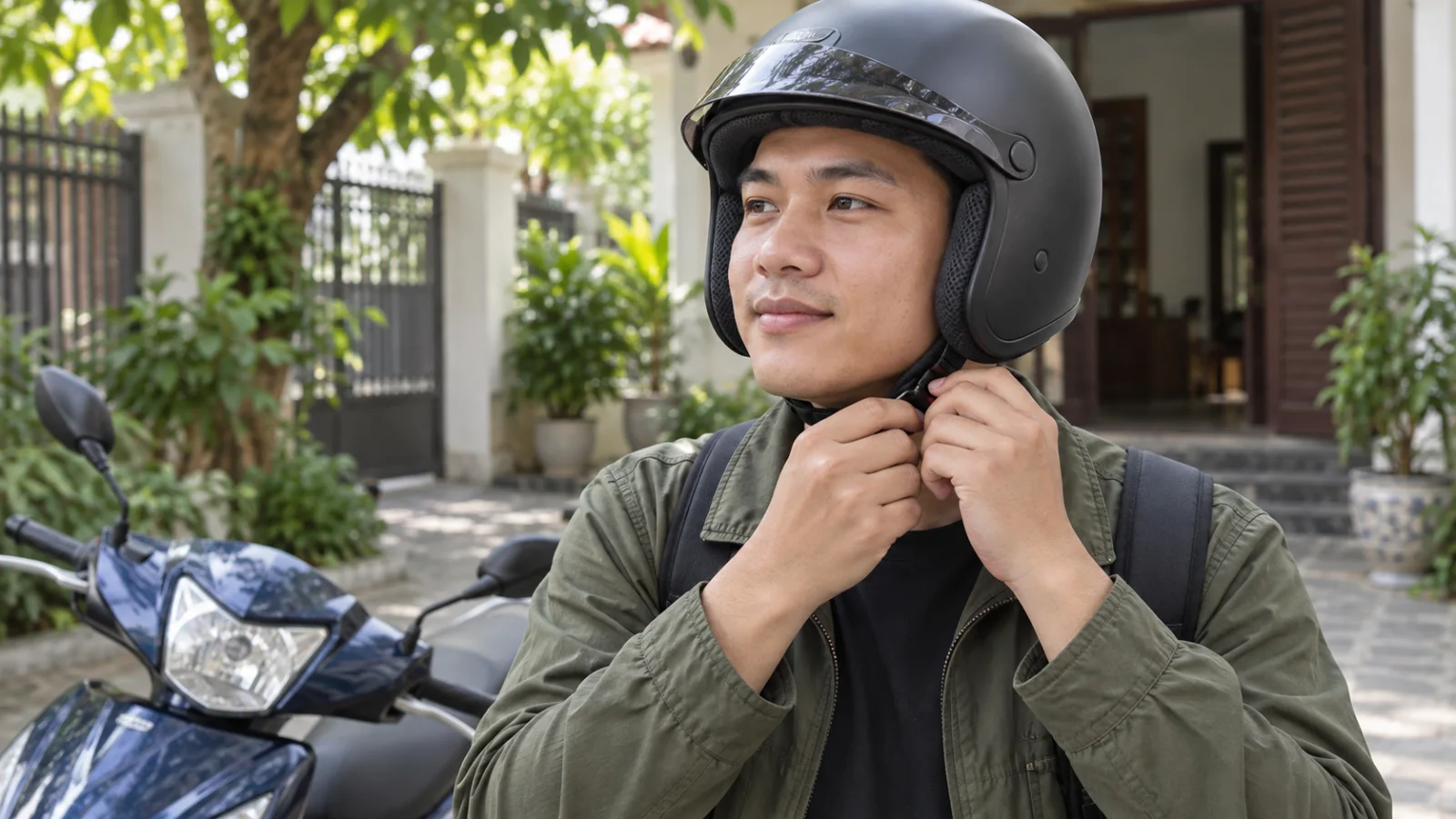 Người đi xe cài quai mũ bảo hiểm đúng cách trước khi khởi hành