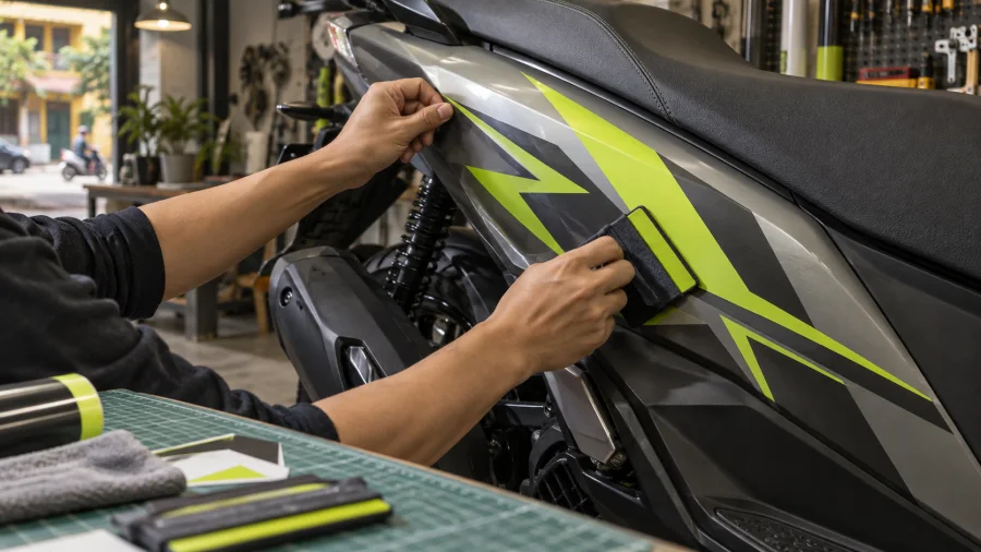Thợ thủ công miết decal xanh chanh và graphite lên ốp xe