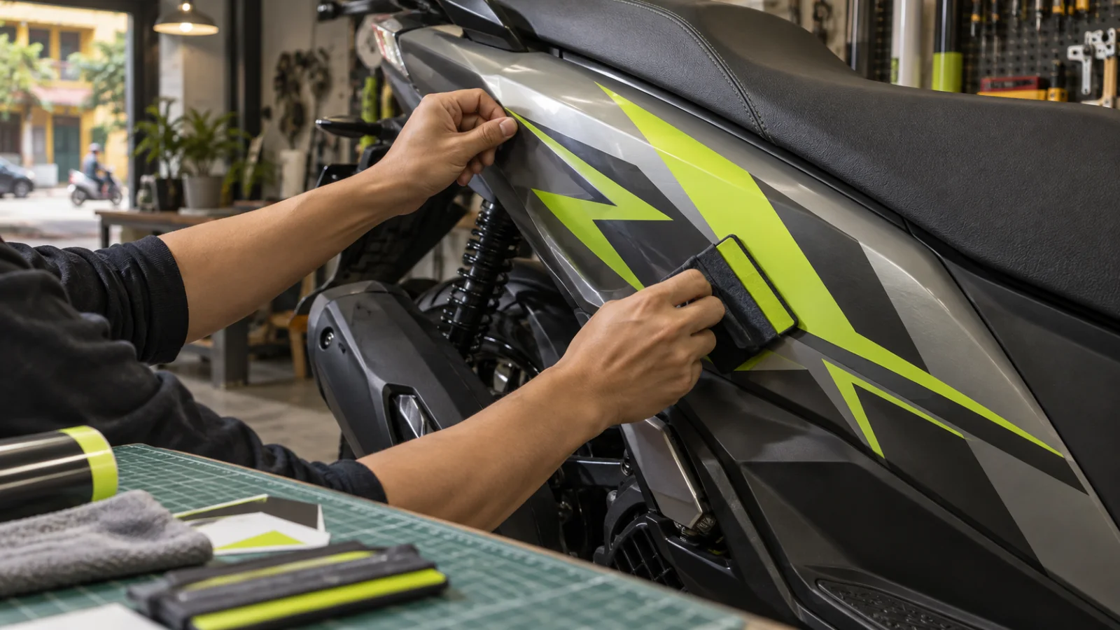 Thợ thủ công miết decal lên ốp xe trong xưởng
